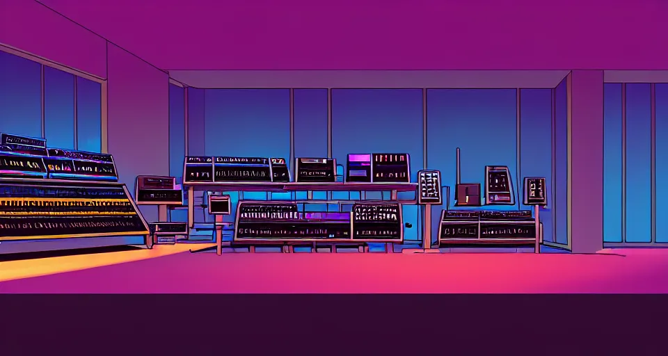 Image similar to a shelf of amazing futuristic synthesizers, cinematic lighting, detailed, beautiful colors, by greg rutowski and studio ghibli