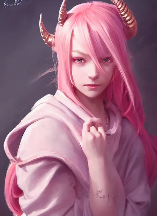 Prompt: a highly detailed illustration of cute smug pink haired pale girl with curved horns wearing oversized pink hoodie, dramatic smirk pose, intricate, elegant, highly detailed, centered, soft light, character design, cushart krenz, digital painting, artstation, concept art, smooth, sharp focus, league of legends concept art, wlop.