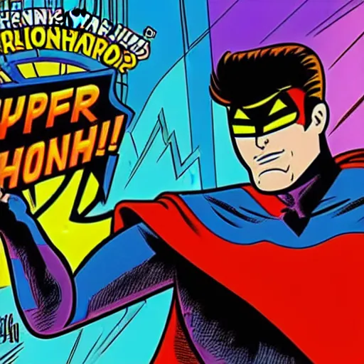 Image similar to a comic book super hero who is just really good at pinball and throws pinball machines he has a long cape his left hand is missing and instead is a launcher from a pinball machine, 4k, highly detailed, heroic pose, graphic novel, bright colors, dark lines