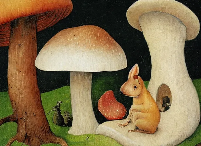 Prompt: a painting of a cute creature sitting next to a mushroom, detailed, realistic, in style of hieronymus bosch