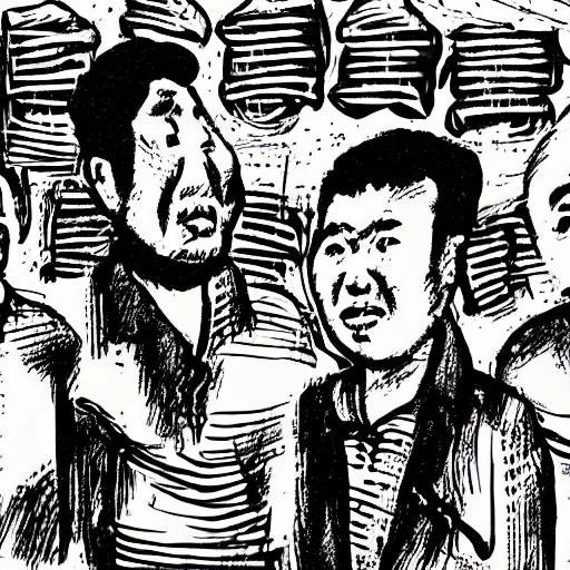 Prompt: uyghur Uighur men in a prison, heart kidney lungs, in the style of daniel johnston and outsider art, 4k, line brush, minimal, overlaid with chinese adverts and mandarin text