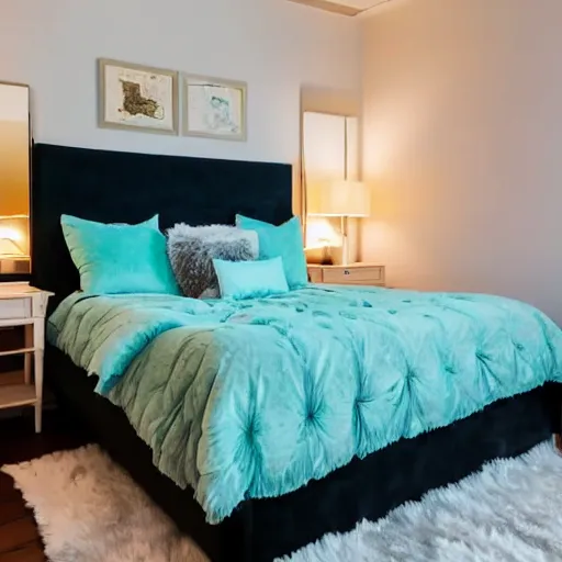 Prompt: a large bed with an aqua headboard. Behind the bed is a wall covered with gold tile and copper mirror. The floor is black tiles. A fur throw is on the bed. Warm lighting.