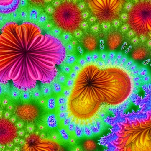 Image similar to a brightly colored ultra - realistic and very detailed painting of organic flowers constructed from elaborate fractals ; high resolution, 4 k, mandelbrot set, chaos, fractal, math, deviantart, photo - realistic