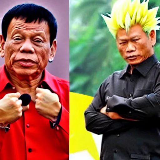 Prompt: duterte with super saiyan hair in fighting pose