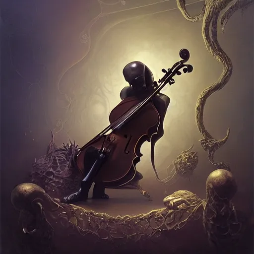 Prompt: bold simple lifelike humanoid illustration of close low angle view of an ornate obsidian gothic violin interior with gold spidery embellishments, night, smoke, ground fog, by peter mohrbacher, by frank frazetta, by vincent di fate, large depth of field, super detailed, digital art, trending on artstation, ornate