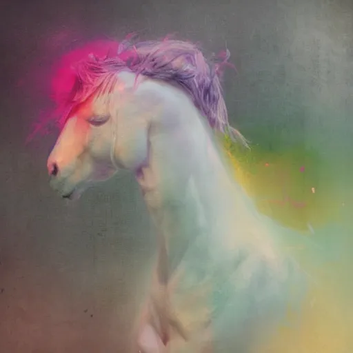 Image similar to a babyhorse by cy Twombly and BASTIEN LECOUFFE DEHARME, pink and yellow, iridescent, volumetric lighting