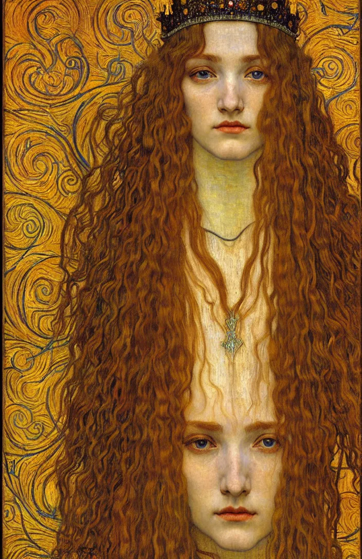 Image similar to detailed realistic beautiful young medieval queen face portrait by jean delville, gustav klimt and vincent van gogh, art nouveau, symbolist, visionary, gothic, pre - raphaelite, muted earthy colors, desaturated