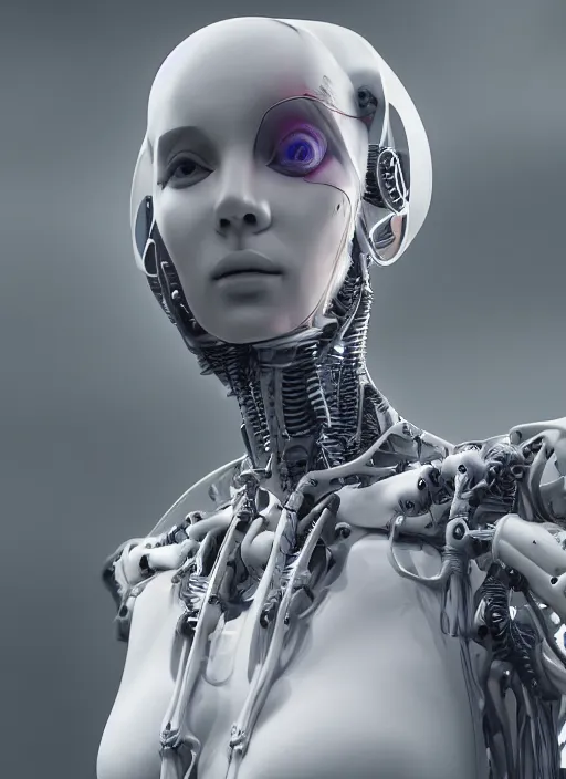 Image similar to a white cast futuristic biomechanical humanoid woman with prety face, a most beautifull form of chaos by a brutalist designed, cyberpunk, 8 k,