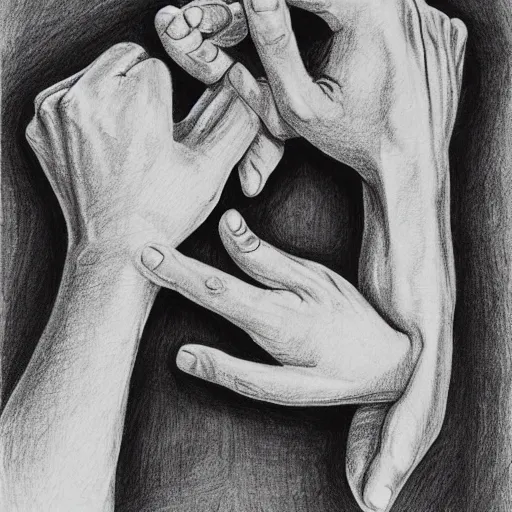 Image similar to M.C. Escher two hands drawing each other with a pencil