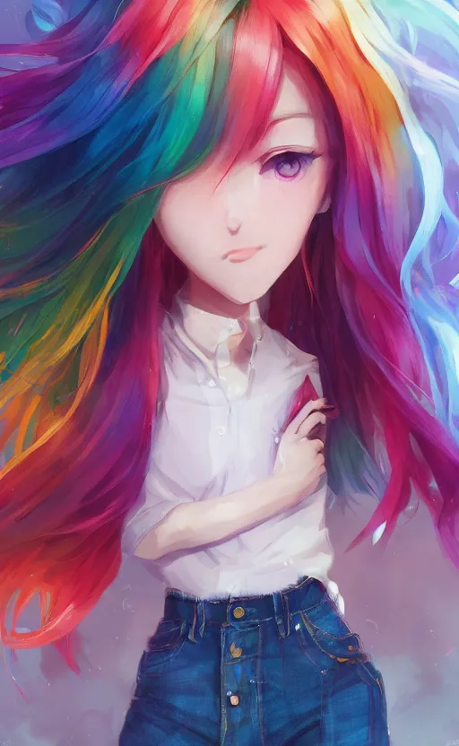 Image similar to a kawaii woman with rainbow hair, happy, summer time, soft eyes and narrow chin, dainty figure, long hair straight down, kawaii shirt and jeans, basic white background, In style of by Jordan Grimmer and greg rutkowski, crisp lines and color