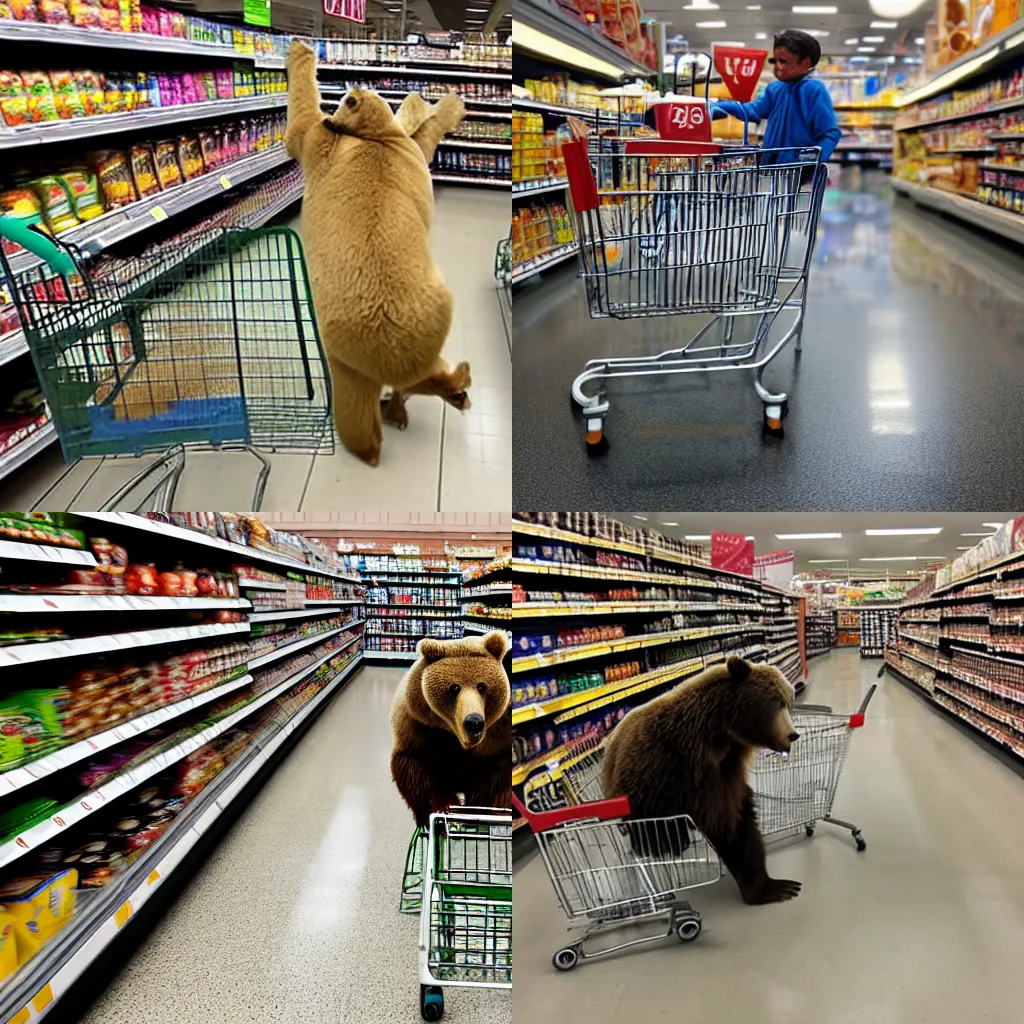 Prompt: A brown bear pushes a shopping cart in a grocery store