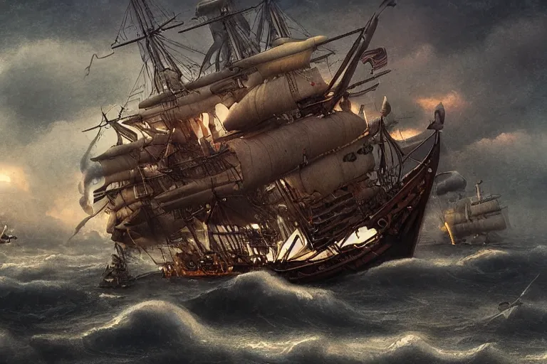 Image similar to epic pirate ship cannon battle in a storm, in the style of vernon grant and chris van allsburg, trending on artstation, bright tilt - shift camcorder effect, photoshop, retrowave, hyperrealism, octane, sharp focus, masterpiece