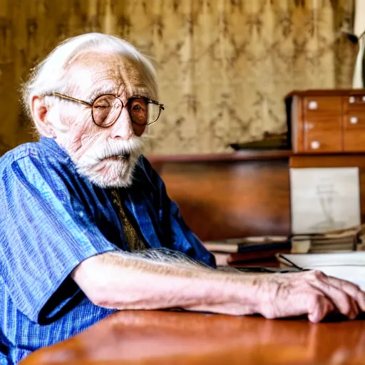 Image similar to Portrait of a very old grandpa sitting at a very old desk, with very old curtains in the room. The desk has a very old phone on it. Dusty air. Interview.