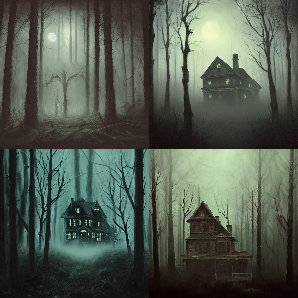 Prompt: haunted house in a dark forest, lush, ghost, terrifying, fog, oil painting, sharp brush strokes, insomnia inducing, creepy, high detail, intricate, octane