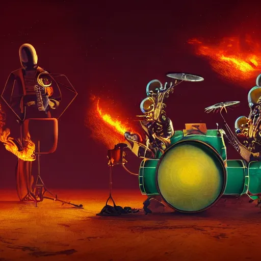 Image similar to ultra detailed a jazz band of aliens playing drums, guitar, saxophone, they are gathered around a flaming dumpster on mars, dark and moody atmosphere, scifi, fantasy, octane render, concept art, bold colours