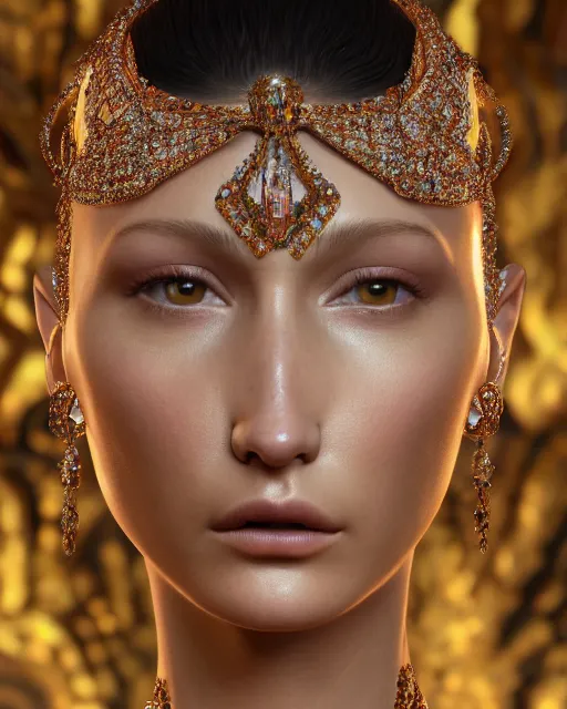 Image similar to a highly detailed metahuman 8 k close up render of bella hadid in gustav klimt style in diamonds crystals swarovski and jewelry on artstation made in unreal engine 4