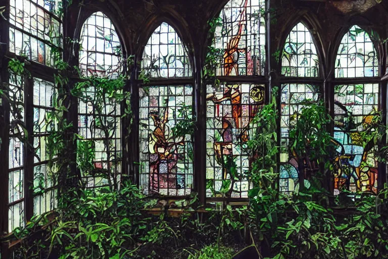 Prompt: overgrown cyberpunk sacred library with stained glass greenhouse