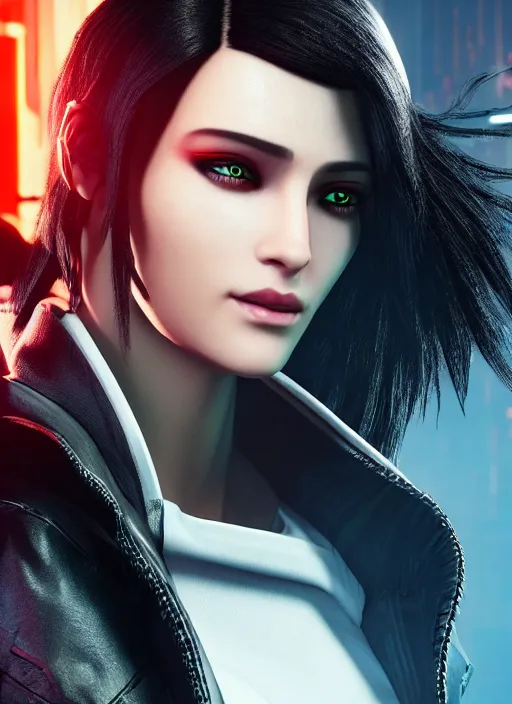 Prompt: black haired woman in a trench coat in a black cyberpunk 2 0 7 7, intricate, ultra detailed, face enhance, realistic