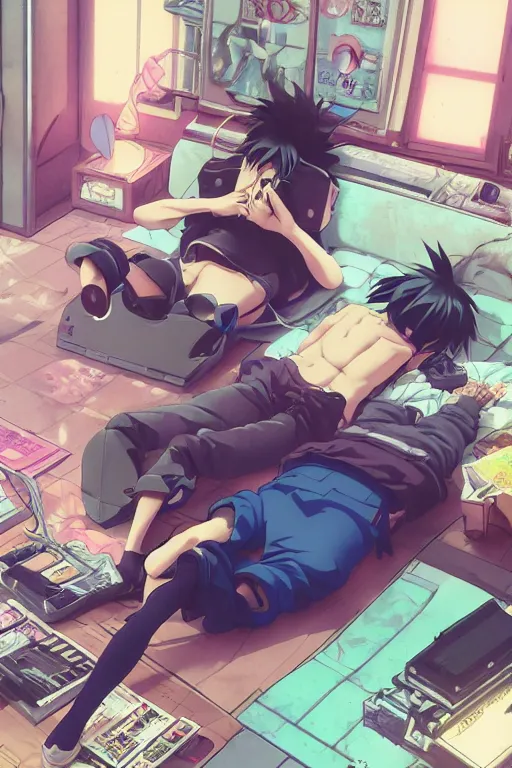 Image similar to anime manga guy laying on floor looking at computer, cluttered 9 0 s aesthetic bedroom, by artgerm, james jean, tom bagshaw, gerald brom, vaporwave colors, lofi colors, vaporwave, lofi, goth vibe, 4 k, smooth, hd, substance designer render, full body character concept art, symmetrical,