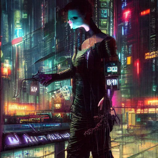 Image similar to cyberpunk dream thief, wires, machines, digital displays, computers, dark moody noir, painted by howard david johnson and james gurney