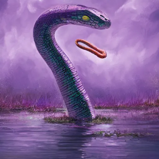 Image similar to a purple head of a serpent with big white eyes, sticking above the water in the mangroves, marshes, trending on artstation, 4 k, video game art, oil painting