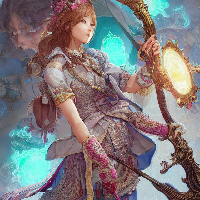 Image similar to the portrait of neutral good colorful female cleric bard as absurdly beautiful, gorgeous, elegant, skinny young gravure idol, an ultrafine hyperdetailed illustration by kim jung gi, irakli nadar, intricate linework, sharp focus, bright colors, octopath traveler, final fantasy, unreal engine 5 highly rendered, global illumination, radiant light, detailed and intricate environment