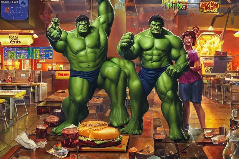 Image similar to the hulk working at burger king, oil on canvas, intricate, full scene, 8 k highly professionally detailed, hdr, joe jusko