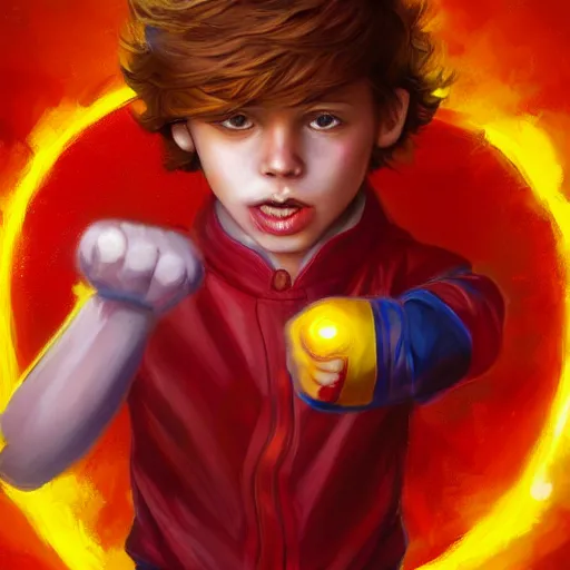 Prompt: colorful and festive captivating young child boy, brown fluffy hair, wearing red and yellow hero suit, shooting a yellow energy sphere out of his fist. full body, rich vivid colors, ambient lighting, dynamic lighting, 4 k, atmospheric lighting, painted, intricate, highly detailed by charlie bowater