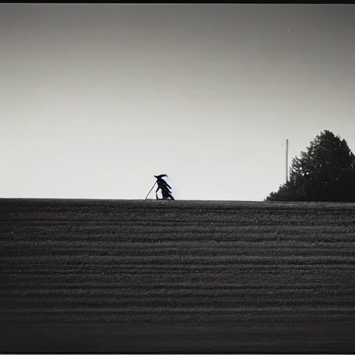 Prompt: A young lady with a black cloak is riding a dark horse from distance, Kodak TRI-X 400, dark mood, melancholic