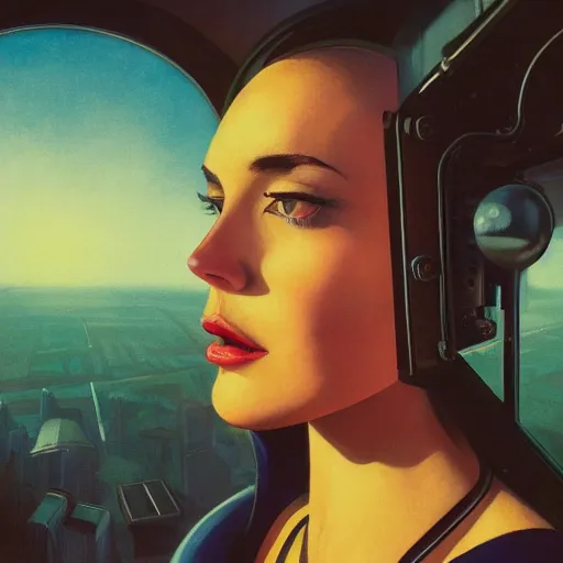 Image similar to detailed face of a woman, clockwork, moment, tectonic sky, skydome, bullet train, turbines, utopian, tech noir, wet reflections, prism, atmospheric, ambient, pj crook, syd mead, livia prima, greg rutkowski, edward hopper