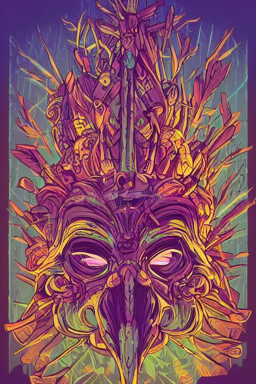 Prompt: totem animal mask tribal feather gemstone plant wood rock shaman vodoo video game vector illustration vivid color borderlands by josan gonzales and dan mumford radiating a glowing aura