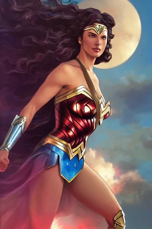 Image similar to wonder woman, action figurine toy, vaporwave, highly detailed, digital painting, artstation, concept art, smooth, sharp focus, illustration, art by artgerm and greg rutkowski and alphonse mucha