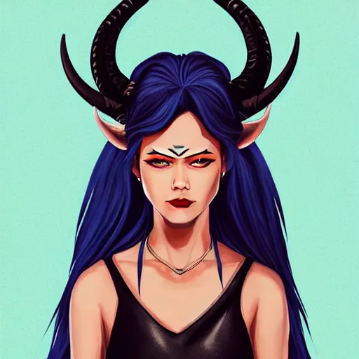 Image similar to illustrated realistic portrait of ram-horned devil woman with blue bob hairstyle and her tan colored skin and with solid black eyes wearing leather by rossdraws