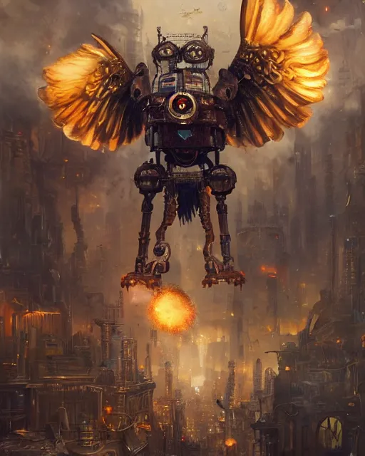 Image similar to oil painting of Gigantic Steampunk Owl Robot destroying city, sharp focus, exploding golden steampunk city background, full body, heroic pose, fantasy style, octane render, volumetric lighting, 8k high definition, by greg rutkowski, highly detailed, trending on art Station, magic the gathering artwork, centered, dramatic artwork, combat scene