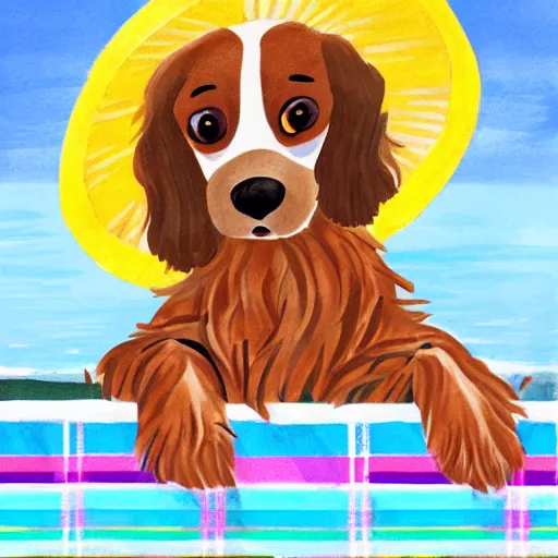 Prompt: cute brown spaniel by the seaside, parasols, bright towels, geometric, pop, lines, sketch, artwork
