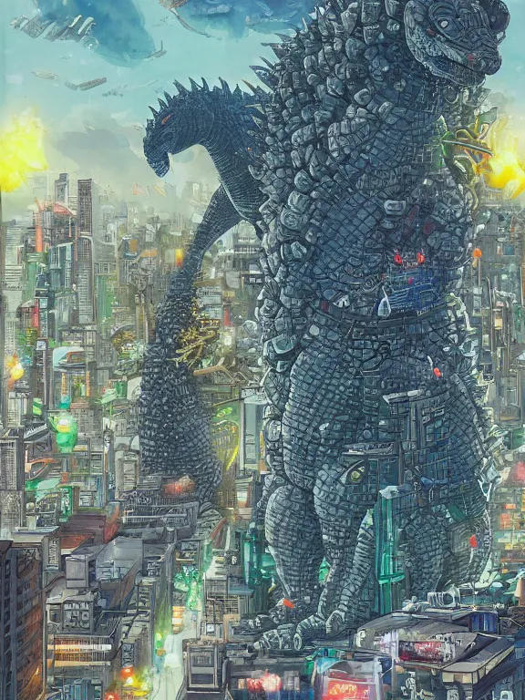 Prompt: a digital art of a Godzilla destroy the cyber city,by Chris Ware,Jane Newland,peter,gric,Peter Mohrbacher,aaron horkey trending on artstation,maximalist,full of color,glittering