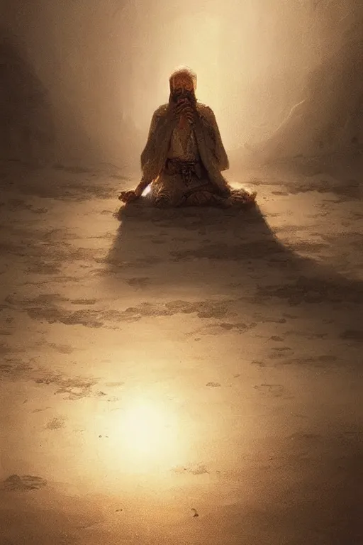 Image similar to lonely wanderer sitting at lap praying in desert, lit by the light of gods, abandoned by gods, hyperdetailed artstation cgsociety by greg rutkowski and by Gustave Dore