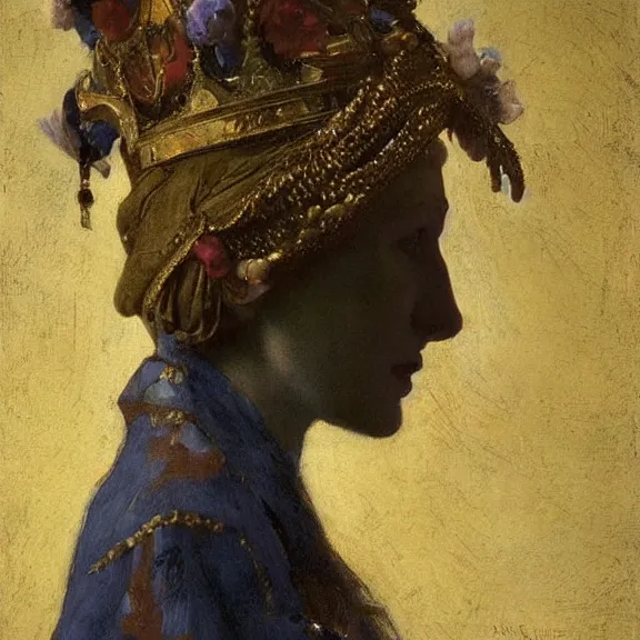 Image similar to cate blanchett by Annie Swynnerton and Nicholas Roerich and Vermeer, strong dramatic cinematic lighting , ornate headdress , lost civilizations, smooth, sharp focus, extremely detailed