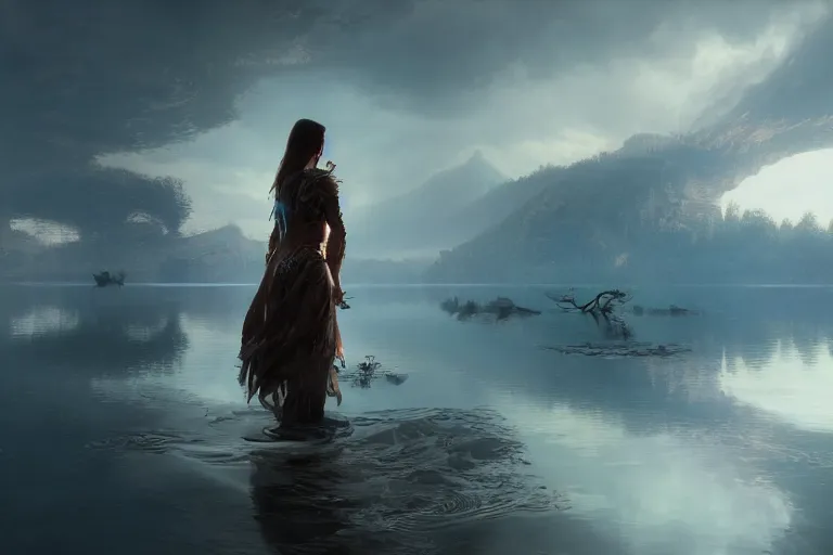 Image similar to first person perspective of a woman looking at her hands full of rings, the woman is reflected in the water of a lake, in the style of ruan jia, illustration, epic, fantasy, hyper detailed, smooth, unreal engine, sharp focus, ray tracing