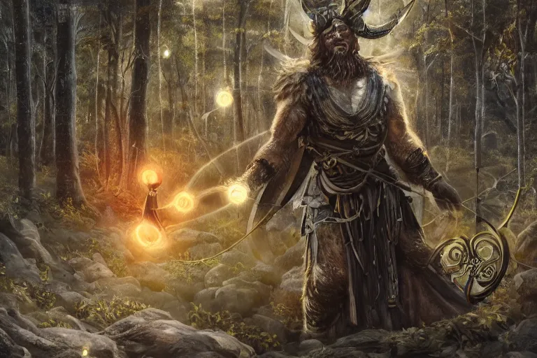 Image similar to mythological Viking Shaman of artificial intelligence creating an artificial neural network with synapses on an anvil, dark mystical forest in the background, high resolution, award winning art, trending on art station, sharp image, incredibly detailed, detailed character realistic painting,