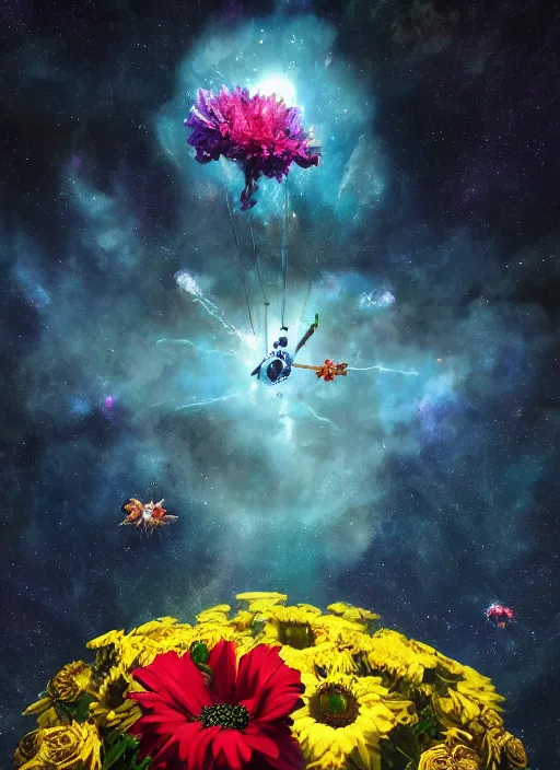 Image similar to An epic fantastic realism comic book style painting of the most beautiful flowers launched into space, bouquets, fisheye lens, unreal 5, DAZ, hyperrealistic, stars in the night sky, octane render, dynamic lighting