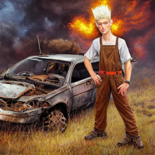 Prompt: a skinny elf with spiky blonde hair wearing dark brown overalls and holding dynamite standing next to a destroyed car, painting by Mark Arian