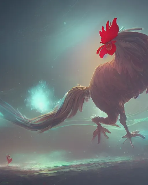 Prompt: humongous mysterious legendary rooster, frog view camera, beautiful illustration, mist, abstract, scifi, atmosphere, top lighting, focused, artstation, highly detailed, art by yuhong ding and chengwei pan and serafleur and ina wong