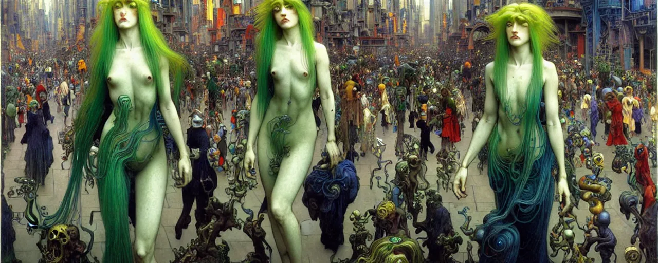 Image similar to realistic extremely detailed full height portrait painting of a ghost girl with green hair in a crowded sci-fi city street, very detailed crowd by Jean Delville, Amano, Yves Tanguy, Alphonse Mucha, Ernst Haeckel, Edward Robert Hughes, Roger Dean, rich moody colours, blue eyes