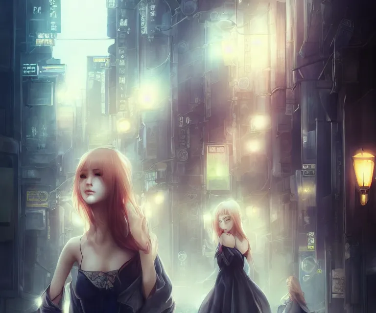 Prompt: happiness in tokyo by charlie bowater and titian and artgerm, intricate, face, symmetrical eyes, japanese akihabara street cityscape, elegant, beautiful, highly detailed, dramatic lighting, sharp focus, trending on artstation, artstationhd, artstationhq, unreal engine, 4 k, 8 k