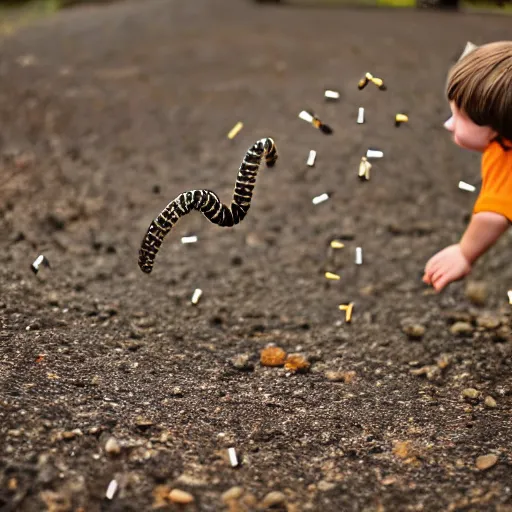 Image similar to child happily throwing millipedes at each other, photography, highly detailed, high quality, 8 k, soft lighting,