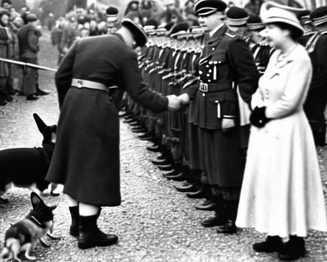 Image similar to ultra wide 1 9 4 6 blurry historical photo of a single german general bowing to a young queen elizabeth in a french village, her corgis are nearby highly detailed, sharp focus