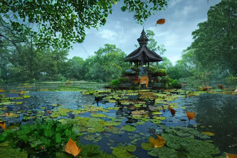 Image similar to A lovely overgrown temple in a pond full of lily pads with autumn!!! trees overhead and blue aberrant skies, trending on artstation, 4k, 8k, 3D!!! still!!! illustrated and reimagined by Max Hay, yellow dappled lighting, eye-level view!!, artstation 3d, artstation render, artstation 3d render, 3d art, unreal engine 3d, octane 3d, blender 3d, 3d landscape, photorealistic imagery, photorealistic details, intricate, highly detailed, fisheye!!!! view!!!!, lens distortion!!!!, chromatic!!!! aberration!!!!