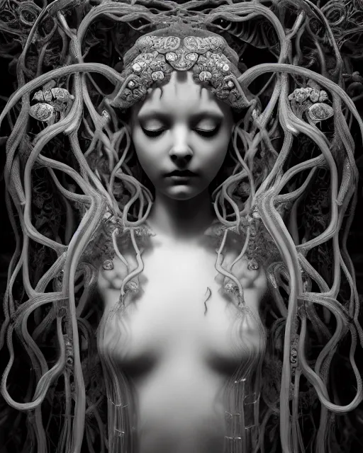 Prompt: surreal mythical dreamy underwater artistic black and white 3 d render of a translucent beautiful young female angelic - medusa - vegetal - doll, highly detailed, intricate crystal ivy jelly ornate, poetic, translucent algae ornate, digital art, octane render, 8 k artistic photography, photo - realistic, hg giger flora borsi