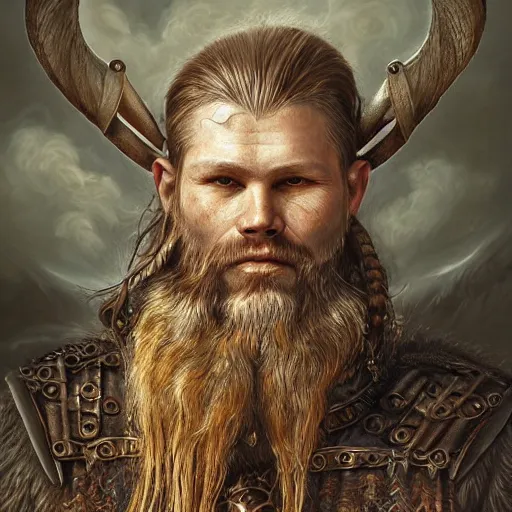 Prompt: a beautiful detailed 3d matte portrait of a nordic viking man, by ellen jewett, by tomasz alen kopera, by Justin Gerard, red brown full beard, ominous, magical realism, texture, intricate, skull, skeleton, gold coins, money, whirling smoke, rhymes, radiant colors, fantasy, volumetric lighting, high details